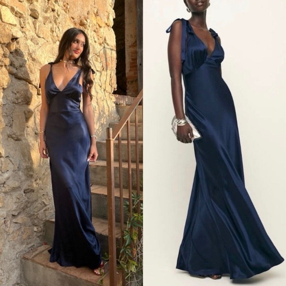 Reformation Dresses & Skirts - 🆕 REFORMATION Pernille Silk Maxi Dress Navy Blue Sz L
